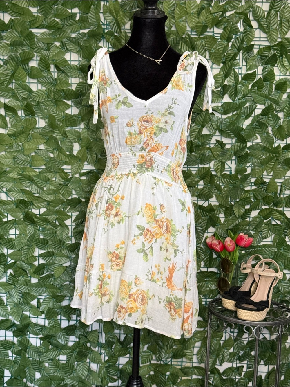 White Floral Tie-Shoulder Sundress with Yellow Rose Print